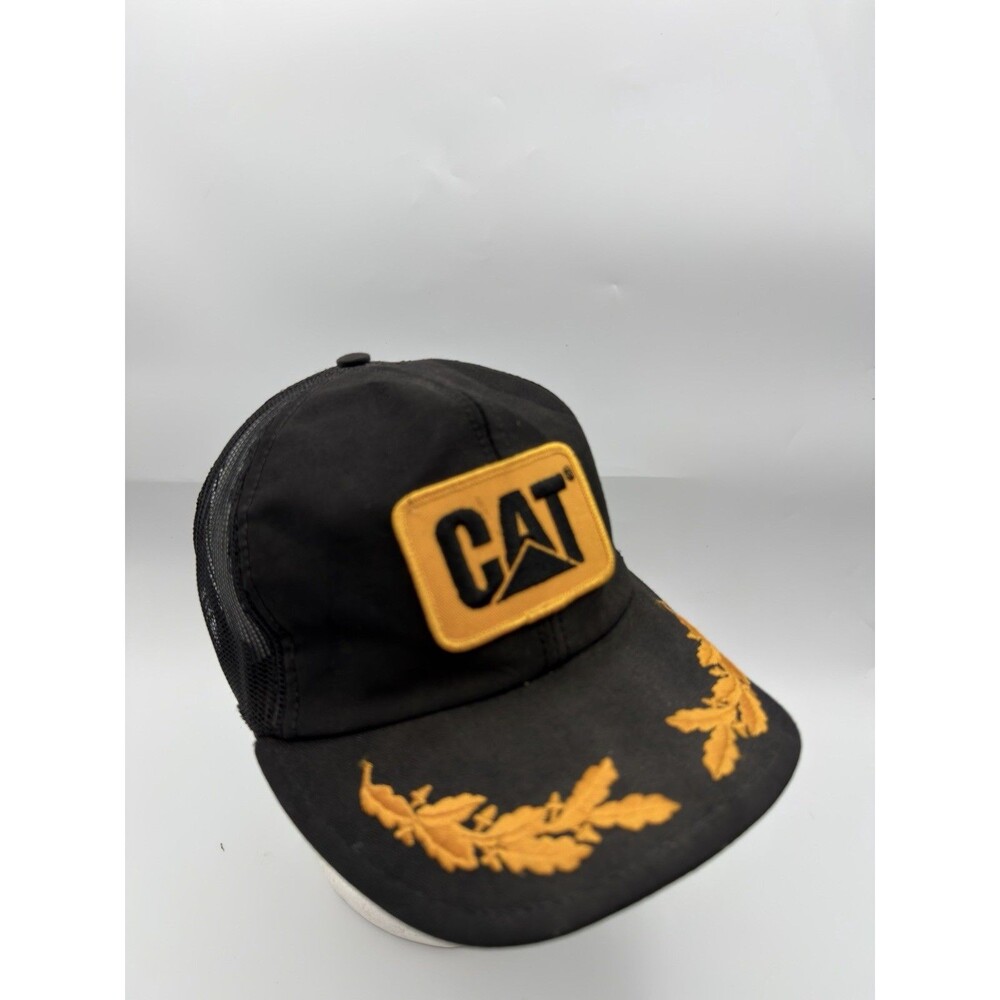 CAT Caterpillar VTG Trucker Hat Cap Patch Logo Foam Mesh Wheat Black Gold Retro